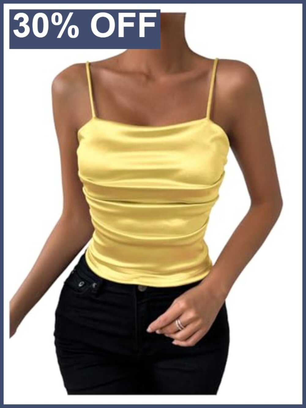 Pleated Silky Satin Cami Top with Spaghetti Strap, Square Neck, Sleeveless